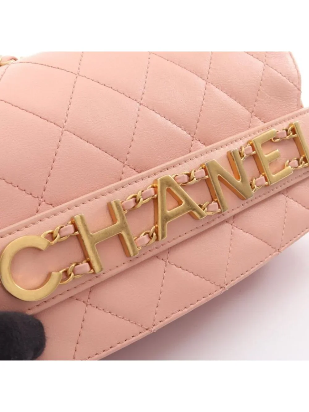 Chanel Shoulder Bag Quilted Logo Pink Lambskin Chain